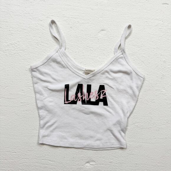 Bozzolo Tops - Bozzolo White Ribbed LALA Lashes Crop Tank Top, Size Small